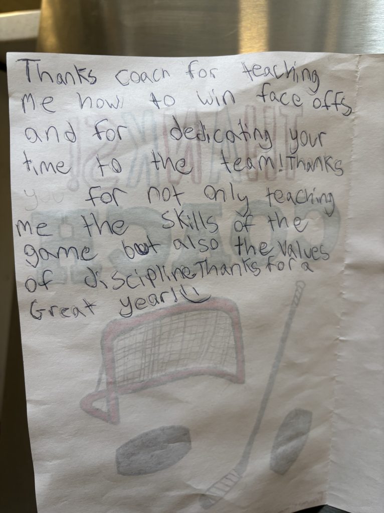 a thank you note from a kid to their hockey coach